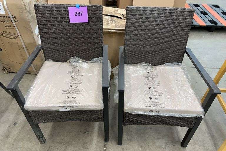 AS IS - (2) WICKER KING PATIO CHAIRS - BROWN & GREY