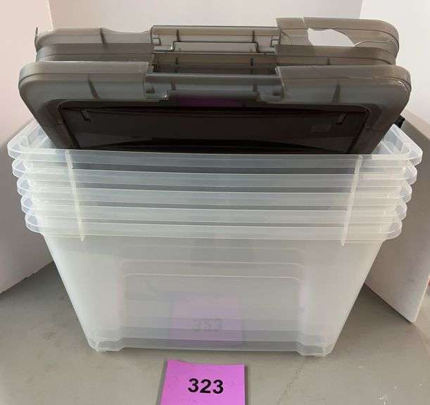 AS IS - (5) CLEAR PLASTIC STORAGE TOTES W/ LIDS