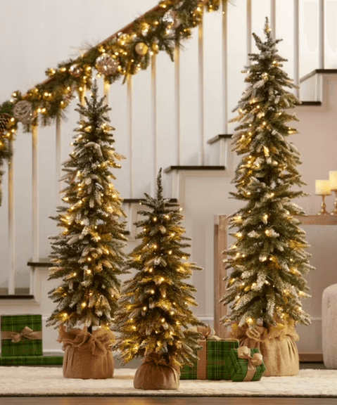 3PC PRE LIT FROSTED TREES IN BOX - FLOCKED