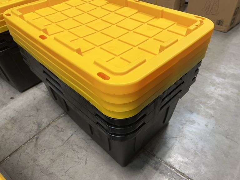 (4) PLASTIC STORAGE TOTES W/ LIDS - BLACK & YELLOW