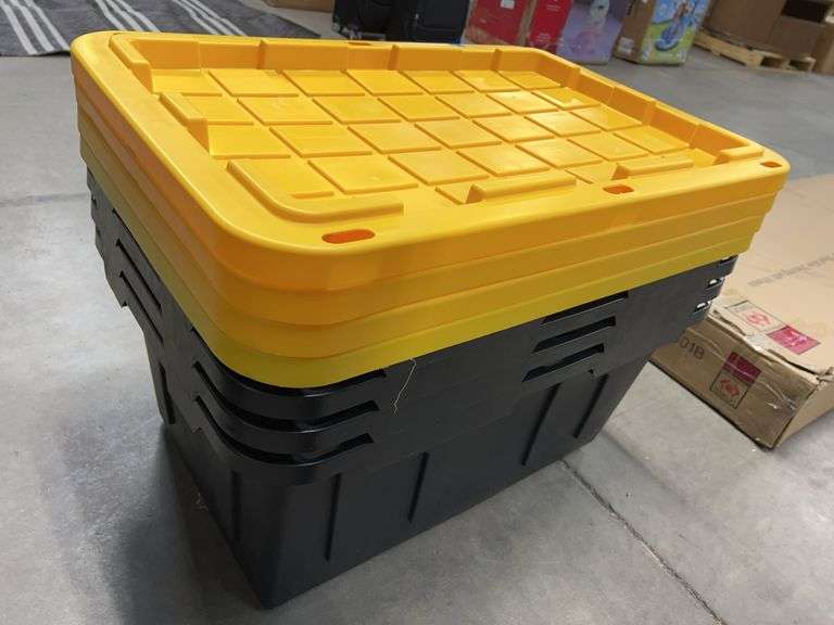(4) PLASTIC STORAGE TOTES W/ LIDS - BLACK & YELLOW