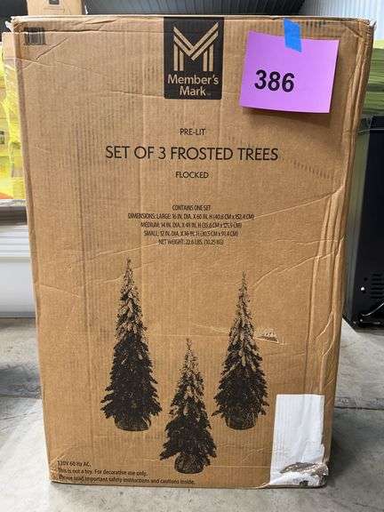 3PC PRE LIT FROSTED TREES IN BOX - FLOCKED