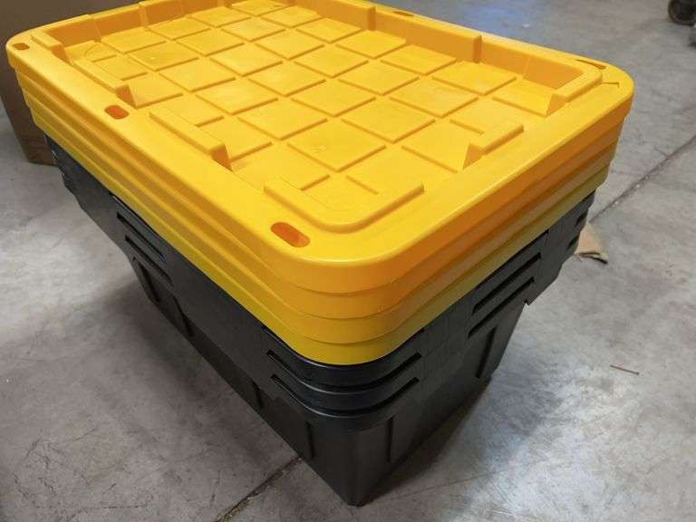 AS IS - (4) PLASTIC STORAGE TOTES W/ LIDS - BLACK & YELLOW