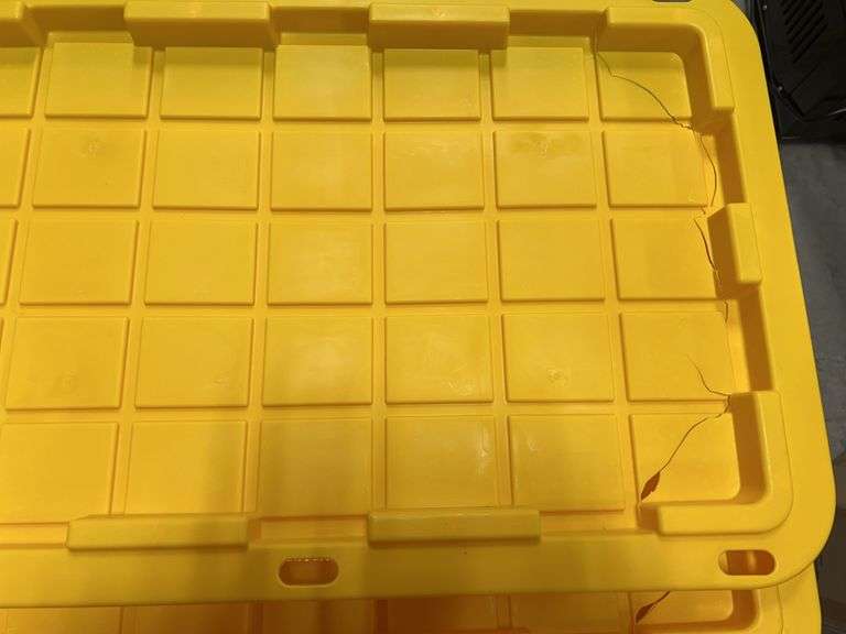 AS IS - (4) PLASTIC STORAGE TOTES W/ LIDS - BLACK & YELLOW