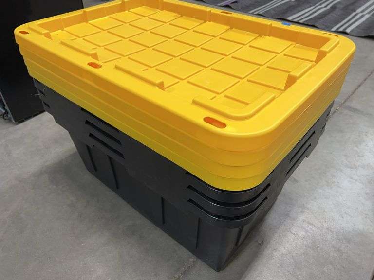 (4) PLASTIC STORAGE TOTES W/ LIDS - BLACK & YELLOW