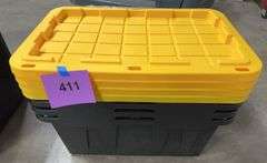 (4) PLASTIC STORAGE TOTES W/ LIDS - BLACK & YELLOW