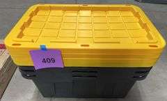 (4) PLASTIC STORAGE TOTES W/ LIDS - BLACK & YELLOW