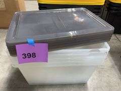 AS IS - (5) CLEAR PLASTIC STORAGE TOTES W/ LIDS