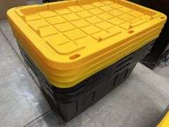 (4) PLASTIC STORAGE TOTES W/ LIDS - BLACK & YELLOW