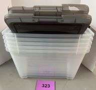 AS IS - (5) CLEAR PLASTIC STORAGE TOTES W/ LIDS