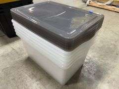 AS IS - (5) CLEAR PLASTIC STORAGE TOTES W/ LIDS