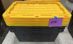 (4) PLASTIC STORAGE TOTES W/ LIDS - BLACK & YELLOW