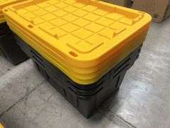 (4) PLASTIC STORAGE TOTES W/ LIDS - BLACK & YELLOW