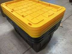 AS IS - (4) PLASTIC STORAGE TOTES W/ LIDS - BLACK & YELLOW