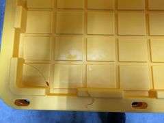 AS IS - (4) PLASTIC STORAGE TOTES W/ LIDS - BLACK & YELLOW