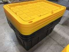 AS IS - (4) PLASTIC STORAGE TOTES W/ LIDS - BLACK & YELLOW