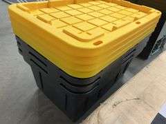 (4) PLASTIC STORAGE TOTES W/ LIDS - BLACK & YELLOW
