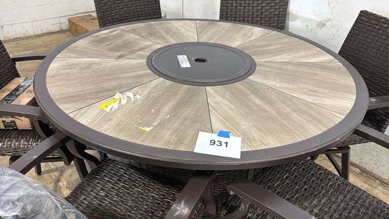 AS IS - 7PC ALL WEATHER COUNTER HEIGHT PATIO DINING SET W/ FIRE TABLE