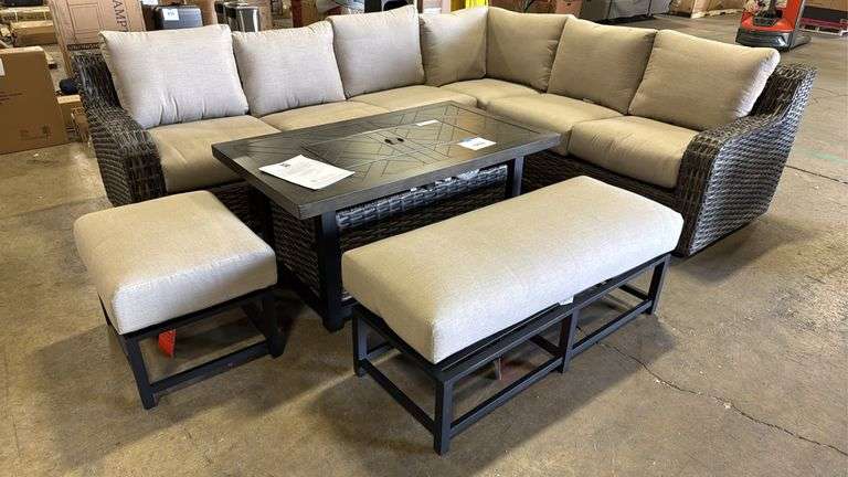 NEW SUNBRELLA ATHENA COLLECTION 7PC SECTIONAL SET W/ FIRE PIT TABLE - CAST ASH