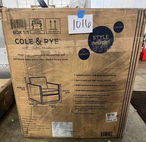 COLE & RYE FABRIC SWIVEL ACCENT CHAIR IN BOX