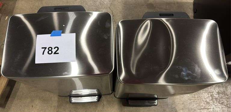 AS IS - (2) TRAMONTINA STAINLESS STEP ON TRASH CANS