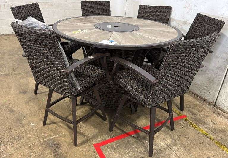 AS IS - 7PC ALL WEATHER COUNTER HEIGHT PATIO DINING SET W/ FIRE TABLE