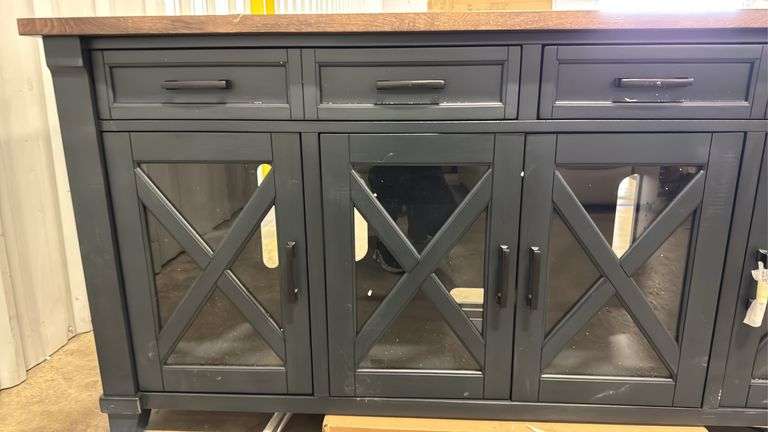 AS IS - 4-DOOR WOOD CONSOLE - BLUE W/ WOOD TOP