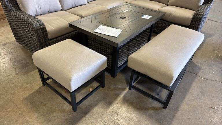 NEW SUNBRELLA ATHENA COLLECTION 7PC SECTIONAL SET W/ FIRE PIT TABLE - CAST ASH