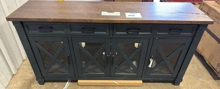 AS IS - 4-DOOR WOOD CONSOLE - BLUE W/ WOOD TOP