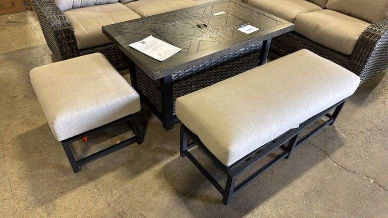 NEW SUNBRELLA ATHENA COLLECTION 7PC SECTIONAL SET W/ FIRE PIT TABLE - CAST ASH