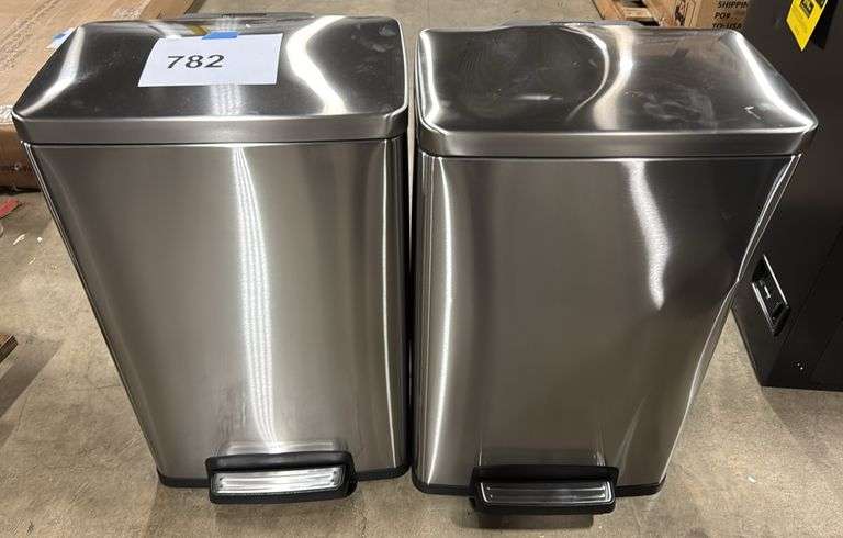 AS IS - (2) TRAMONTINA STAINLESS STEP ON TRASH CANS