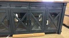AS IS - 4-DOOR WOOD CONSOLE - BLUE W/ WOOD TOP