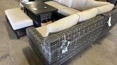 NEW SUNBRELLA ATHENA COLLECTION 7PC SECTIONAL SET W/ FIRE PIT TABLE - CAST ASH
