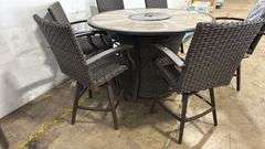 AS IS - 7PC ALL WEATHER COUNTER HEIGHT PATIO DINING SET W/ FIRE TABLE