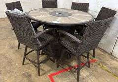 AS IS - 7PC ALL WEATHER COUNTER HEIGHT PATIO DINING SET W/ FIRE TABLE