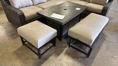 NEW SUNBRELLA ATHENA COLLECTION 7PC SECTIONAL SET W/ FIRE PIT TABLE - CAST ASH