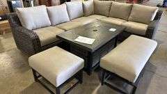 NEW SUNBRELLA ATHENA COLLECTION 7PC SECTIONAL SET W/ FIRE PIT TABLE - CAST ASH