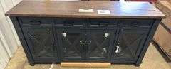 AS IS - 4-DOOR WOOD CONSOLE - BLUE W/ WOOD TOP