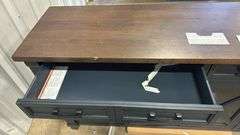 AS IS - 4-DOOR WOOD CONSOLE - BLUE W/ WOOD TOP