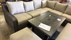 NEW SUNBRELLA ATHENA COLLECTION 7PC SECTIONAL SET W/ FIRE PIT TABLE - CAST ASH