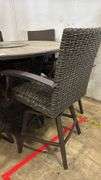 AS IS - 7PC ALL WEATHER COUNTER HEIGHT PATIO DINING SET W/ FIRE TABLE