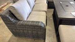 NEW SUNBRELLA ATHENA COLLECTION 7PC SECTIONAL SET W/ FIRE PIT TABLE - CAST ASH