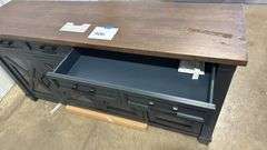 AS IS - 4-DOOR WOOD CONSOLE - BLUE W/ WOOD TOP