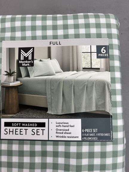 FULL 6PC SOFT WASHED SHEET SET - GREEN & WHITE