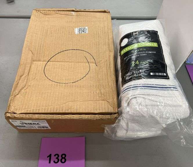 BOX OF TRASH BAGS & PACK OF TOWELS