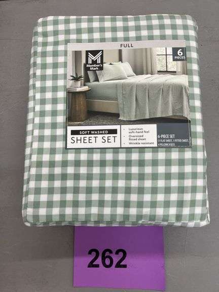 FULL 6PC SOFT WASHED SHEET SET - GREEN & WHITE