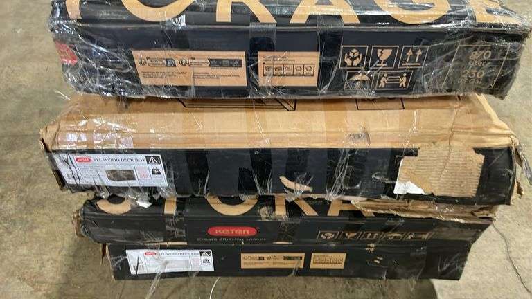 AS IS - (4) KETER XXL WOOD DECK BOXES IN BOXES