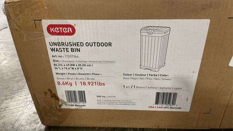 KETER UNBRUSHED OUTDOOR WASTE BIN IN BOX - BLACK