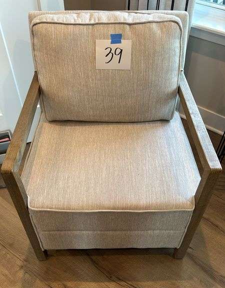 BEIGE ACCENT CHAIR W/ WOOD TRIM