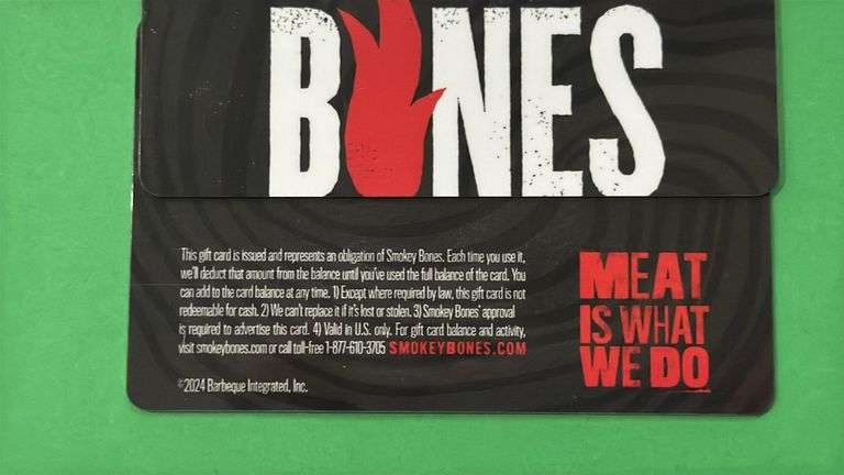 (2) SMOKEY BONES $25 GIFT CARDS ($50 TOTAL VALUE)